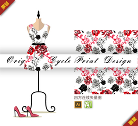 矢量单色玫瑰四方连续