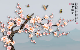 原创手绘玉兰花鸟装饰画背景墙