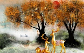 原创手绘轻奢发财鹿装饰画