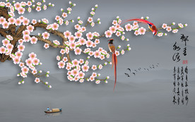 原创手绘梅花喜鹊装饰画背景墙
