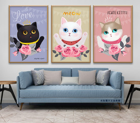 可爱卡通猫咪玫瑰花无框画