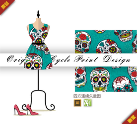 矢量酷炫骷髅头花卉四方连续