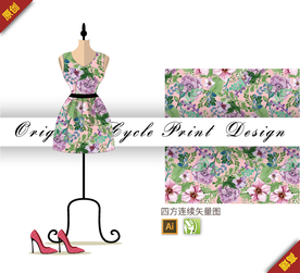 传统中国风长寿花山茶花四方连续