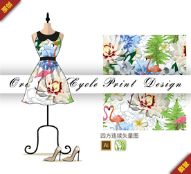 矢量茉莉花栀子花火烈鸟四方连续