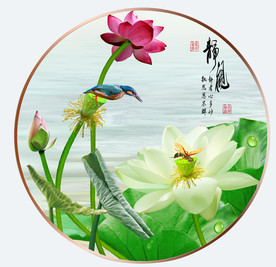 原创高清荷花翠鸟装饰画