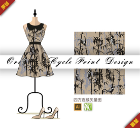 中国画麻雀竹子四方连续