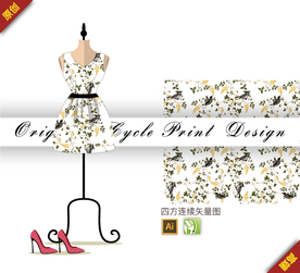 矢量喜鹊含羞草四方连续