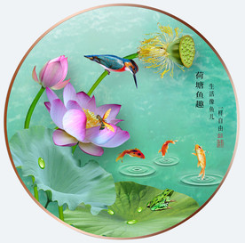 原创高清荷花翠鸟鲤鱼装饰画壁画