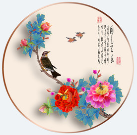 原创高清手绘牡丹花鸟装饰画