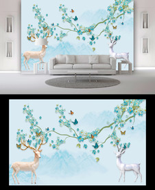 山水麋鹿电视背景墙