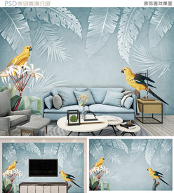 清新热带雨林鹦鹉背景墙