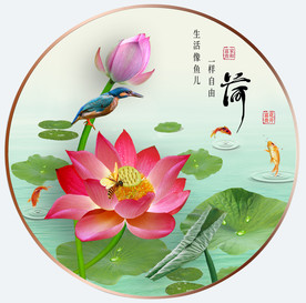 原创高清荷花翠鸟鲤鱼装饰画