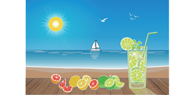 蓝天大海沙滩，桌面上的柠檬饮料