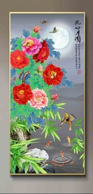 原创高清玄关牡丹花鸟竹子装饰画