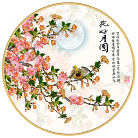 原创手绘梅花花鸟花好月圆装饰画