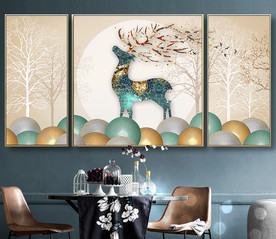 北欧轻奢麋鹿发财鹿三联装饰画