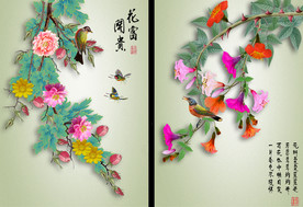 原创手绘牡丹喇叭花花鸟装饰画