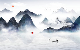 新中式抽象线条水墨山水背景墙