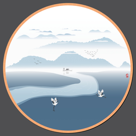 河流白鹤山水新中式水墨装饰矢量