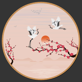 梅花仙鹤山水新中式水墨装饰矢量