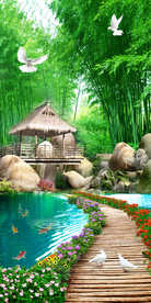 竹林小屋木桥风景玄关