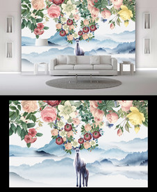 中式麋鹿电视背景墙