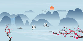 宽幅梅花仙鹤高山流水中式水墨