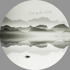 写意山水画 圆形水墨山水画