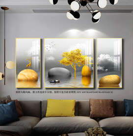 新中式发财树小鹿飞鸟晶瓷三联画