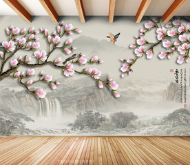 原创玉兰花鸟山水装饰画背景墙