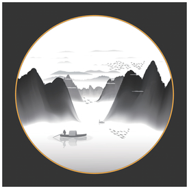 圆形意境山水新中式水墨装饰矢量