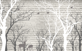 简约抽象树木小鹿背景墙