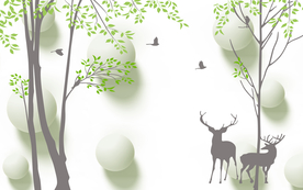 简约抽象树木小鹿背景墙