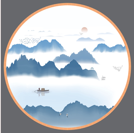 高山湖水圆形意境水墨装饰矢量图