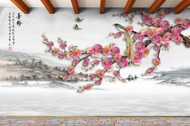 原创手绘梅花喜鹊山水装饰画