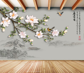 原创手绘玉兰花鸟装饰画背景墙