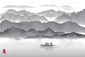 意境山水渔舟白鹤新中式水墨装饰