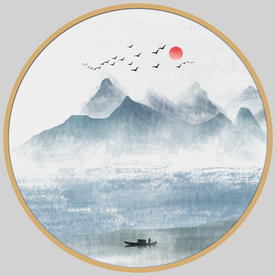 圆形山水画圆形水墨画金色山水