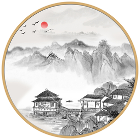 圆形山水画圆形水墨圆形阁楼楼阁