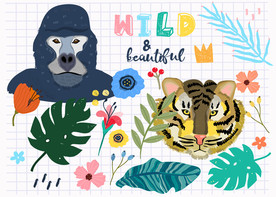 手绘狮子猩猩花草叶子小清新树叶