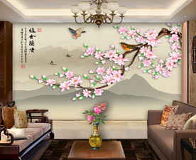 原创手绘玉兰花鸟山水装饰画