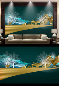 抽线麋鹿山水背景墙