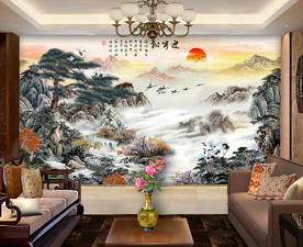 原创水墨山水迎客松装饰画背景墙
