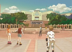 手绘广东海洋大学中心广场美景