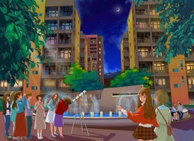 手绘潮州八景夜色月光星空素材