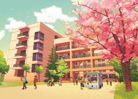 手绘湖北春天校园樱花素材