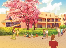 手绘版走进湖北樱花大楼美景