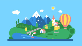 矢量郊外大山河流乡村田园风景