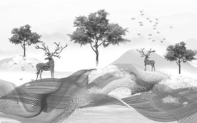 麋鹿山水画背景画 TIF分层
