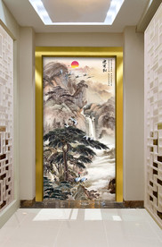 原创玄关水墨山水迎客松装饰画